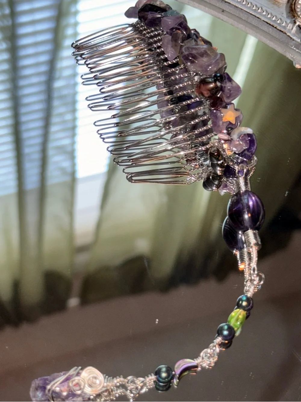 Handmade Wire Wrapped Amethyst Crystal Hair Comb with Dangle Charms